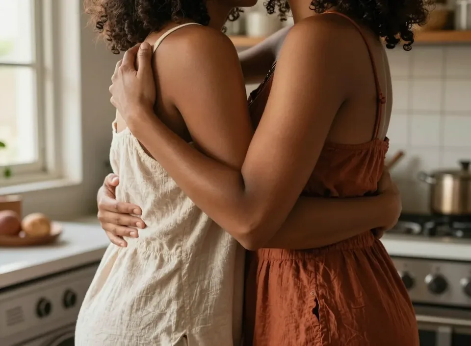 Duas mulheres se abraçando em um gesto de cuidado e afeto