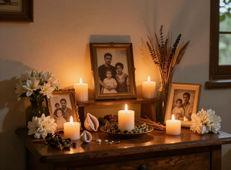 Pequeno altar ancestral com velas acesas, flores brancas e fotografias antigas
