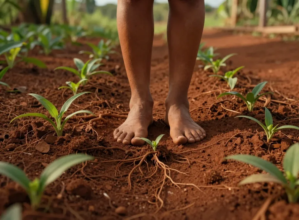 Pés descalços sobre a terra vermelha, entre raízes e brotos verdes