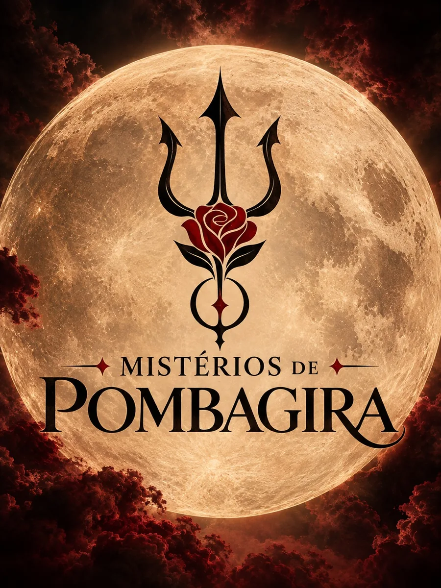 Capa de Mistérios de Pombagira com uma lua cheia, um tridente e uma rosa